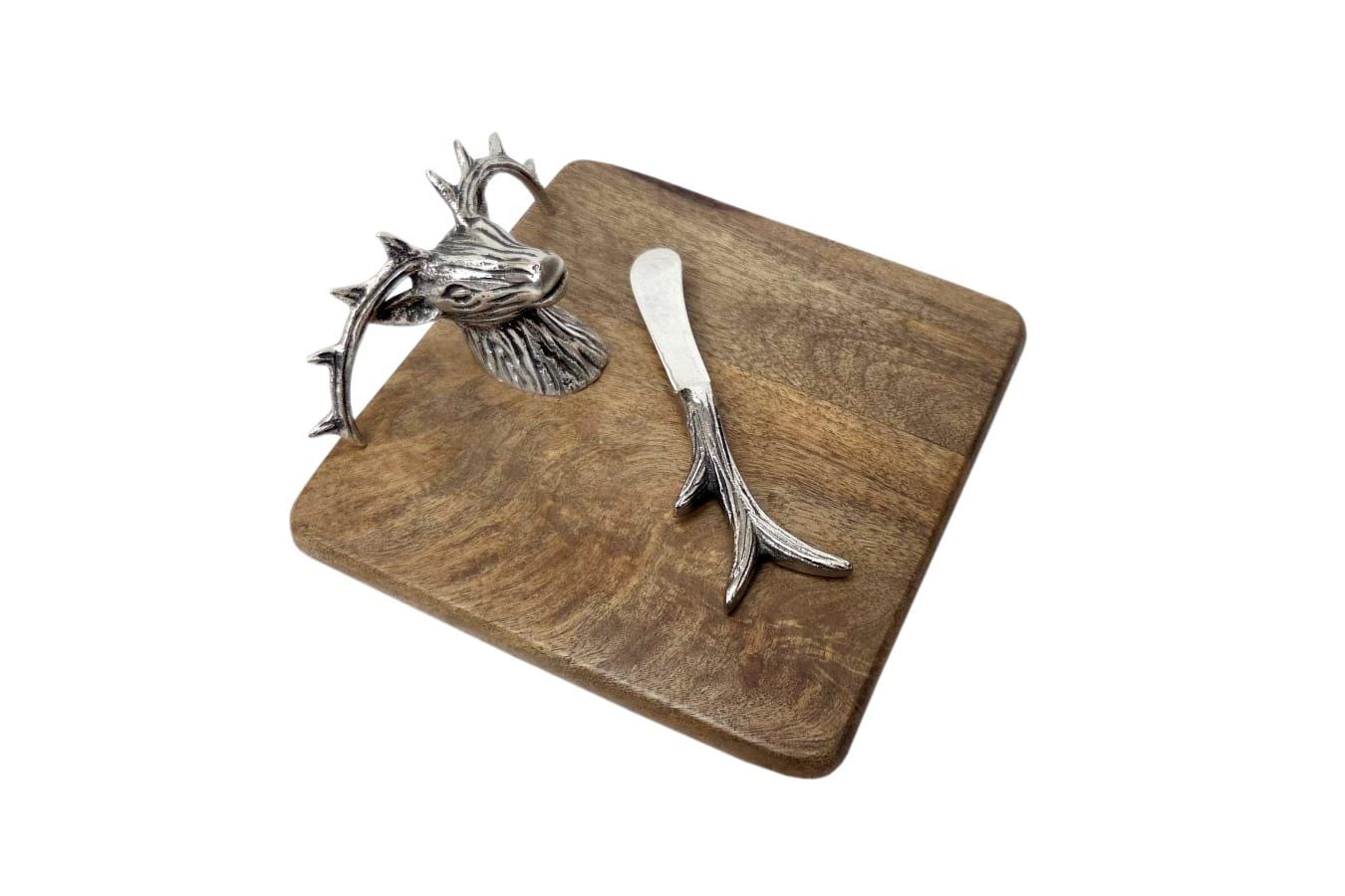 Stag Head Mango Wood Cheese Board Set with Antler Knife, Rustic Lodge Charcuterie Platter