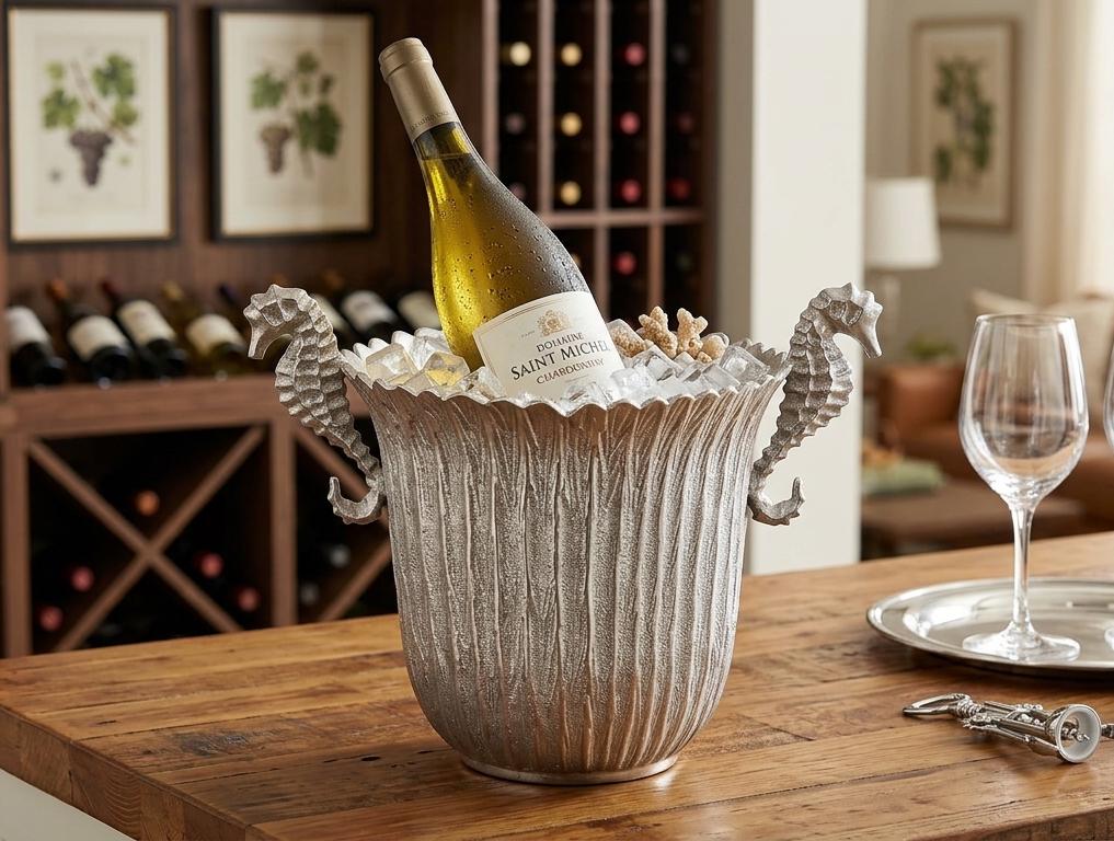 Sea Horse Handle Double Bottle Holder, Nautical Wine Carrier, Coastal Table Decor, Ocean Inspired Gift, Rustic Metal Bottle Stand