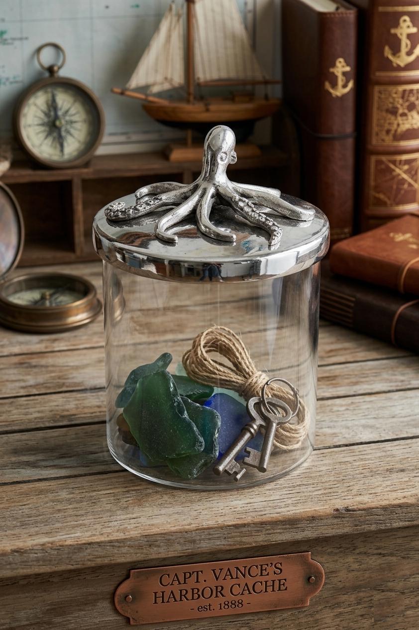 Octopus Abalone Trinket Jar, Coastal Nautical Storage, Beach House Accent, Ocean Jewelry Box
