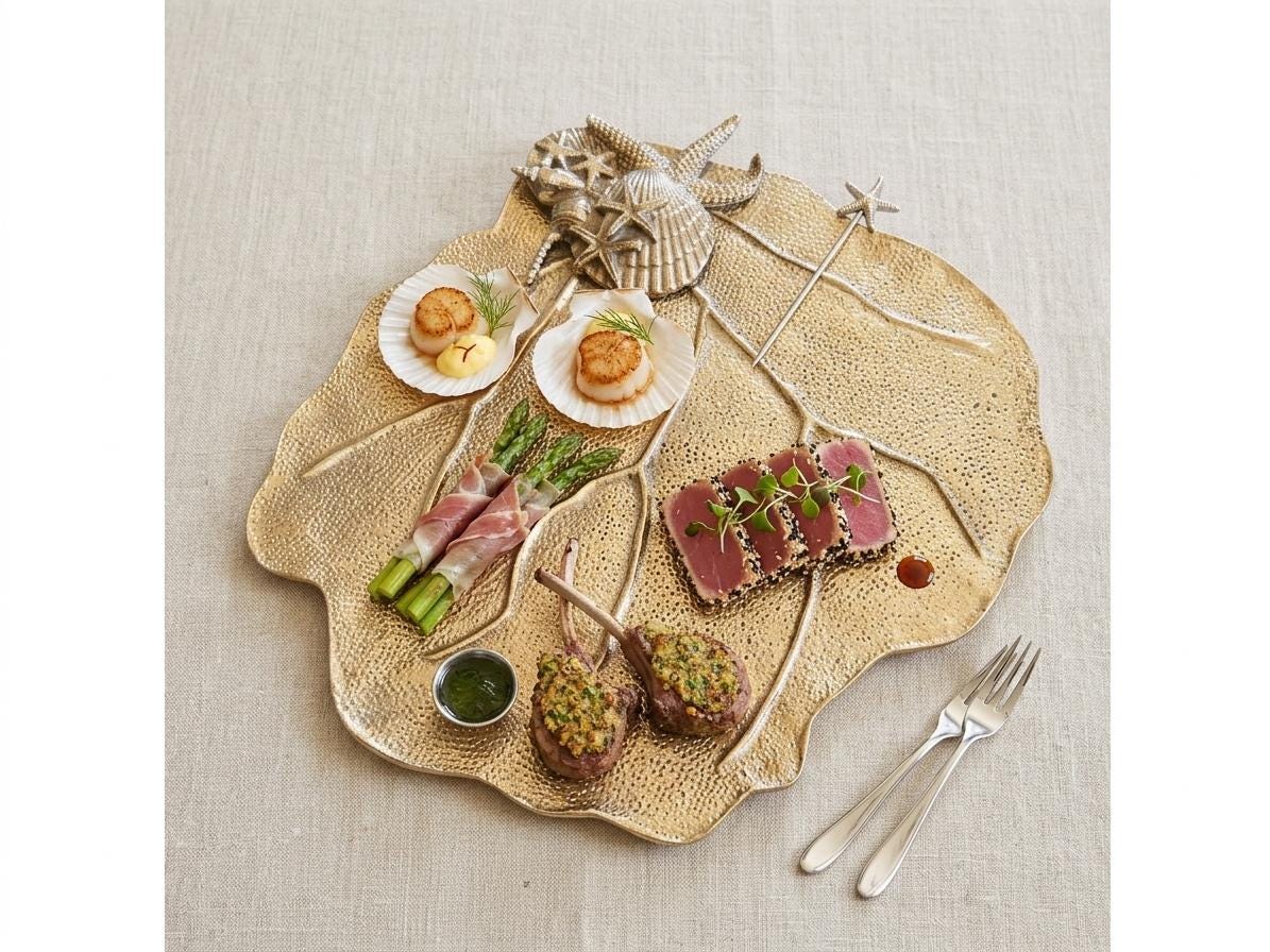 Seafan Serving Platter: Aluminium Coastal Tray, Silver Beach House Centerpiece
