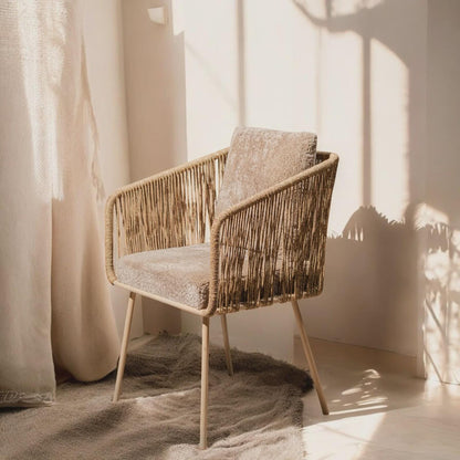 Handwoven Jute Rope Lounge Chair, Boho Upholstered Accent Armchair, Rustic Furniture