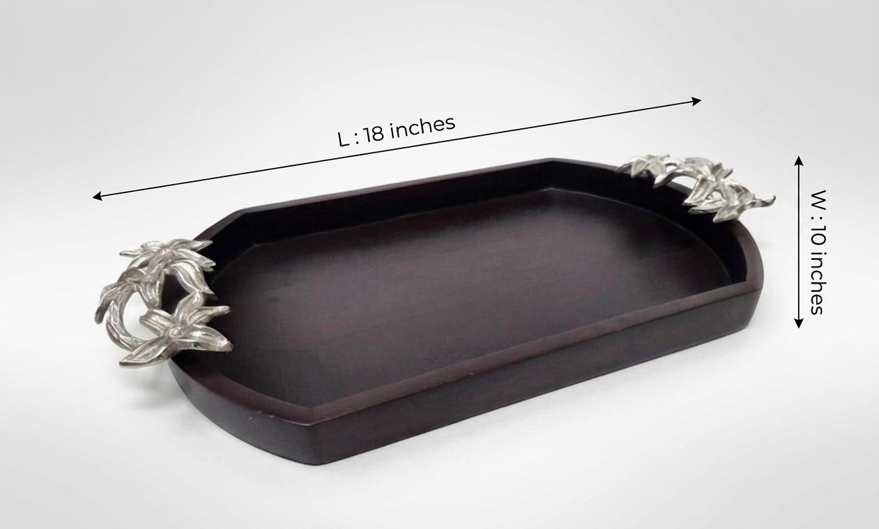 Wooden Serving Tray with Silver Flower Handles, Rustic Farmhouse Platter