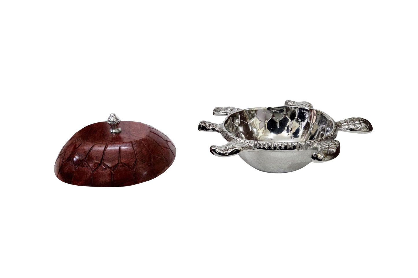 Hand Carved Wooden Turtle Trinket Box, Silver Metal Lid, Coastal Beach Decor