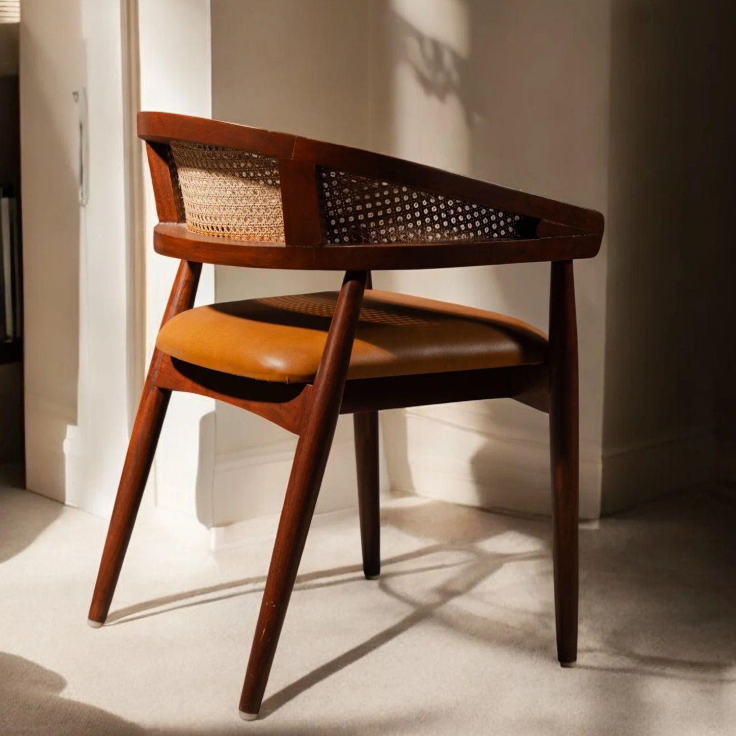 Acacia Wood Cane Back Accent Chair, Mid Century Modern Lounge Armchair
