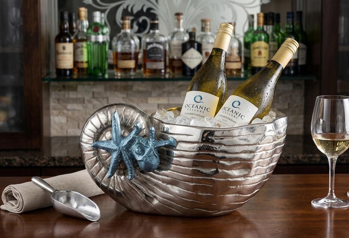 Nautilus Shell Wine Cooler | Polished Aluminum Nautical Bar Decor