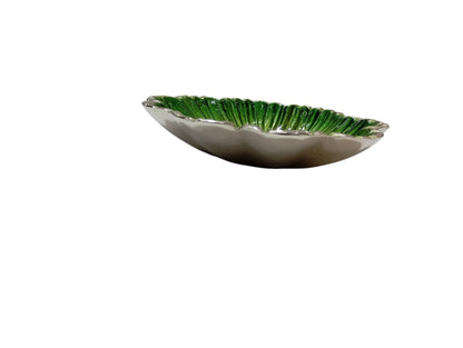Handmade Green Enamel Flower Bowl | Silver Rim Aluminum Serving Dish