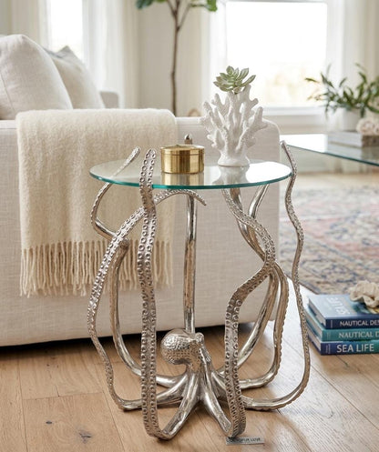 Handcrafted Aluminum Octopus Side Table with Glass Top – Nautical Coastal Decor