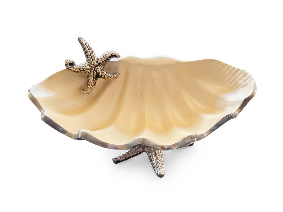 Mother of Pearl Pedestal Platter, Silver Aluminum Serving Tray, Coastal Decor, Wedding Dessert Stand