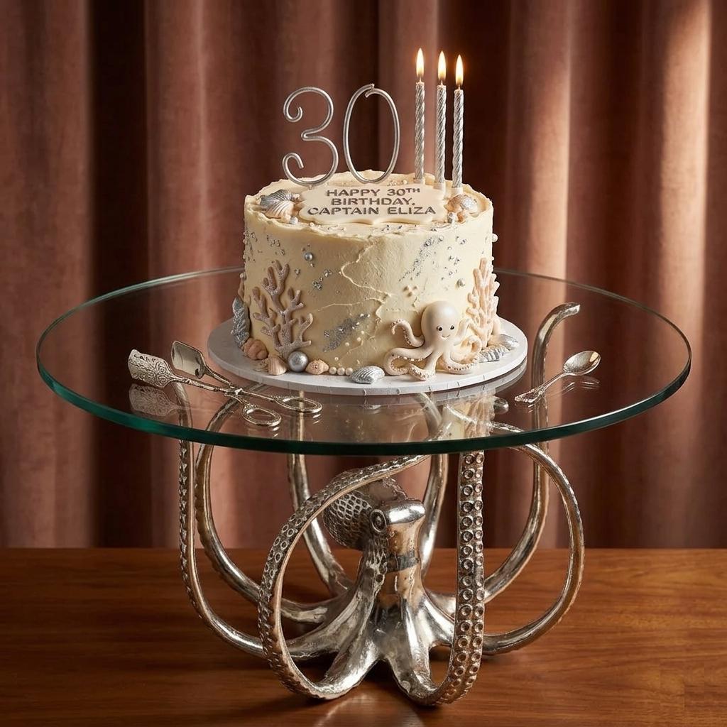 Aluminum Octopus Cake Stand, Silver Coastal Dessert Platter, Nautical Serving Tray