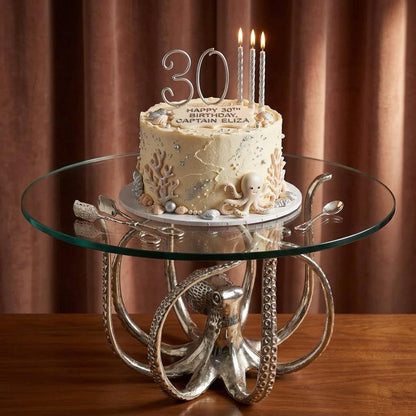 Aluminum Octopus Cake Stand, Silver Coastal Dessert Platter, Nautical Serving Tray