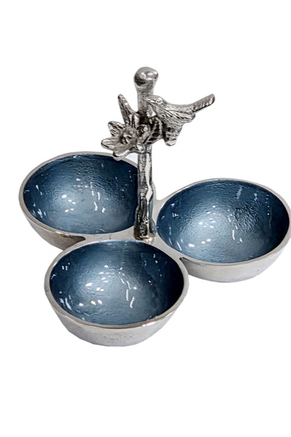 Blue Enamel Aluminum Snack Bowl | Designer 3 bowl serving Platter