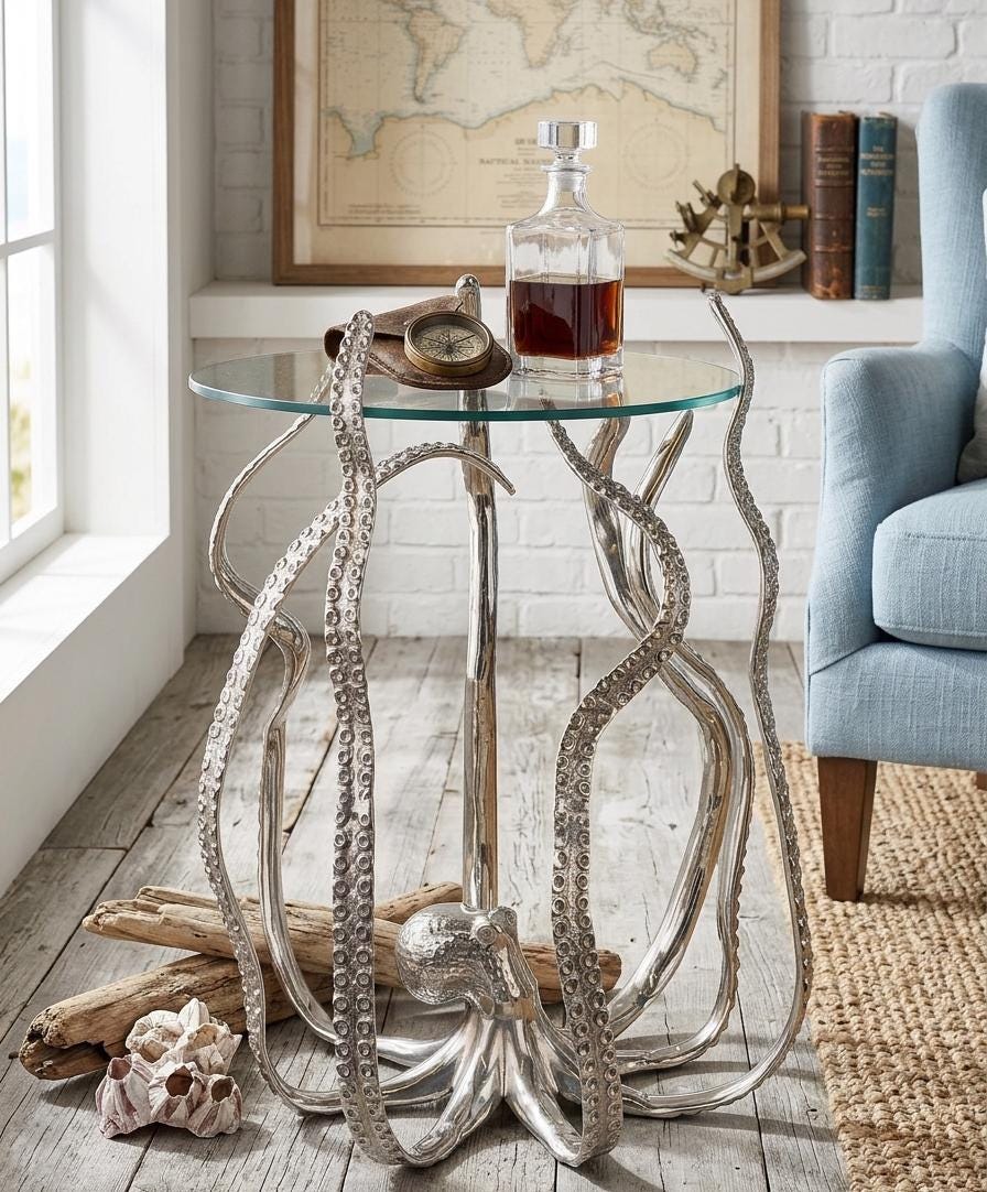 Handcrafted Aluminum Octopus Side Table with Glass Top – Nautical Coastal Decor