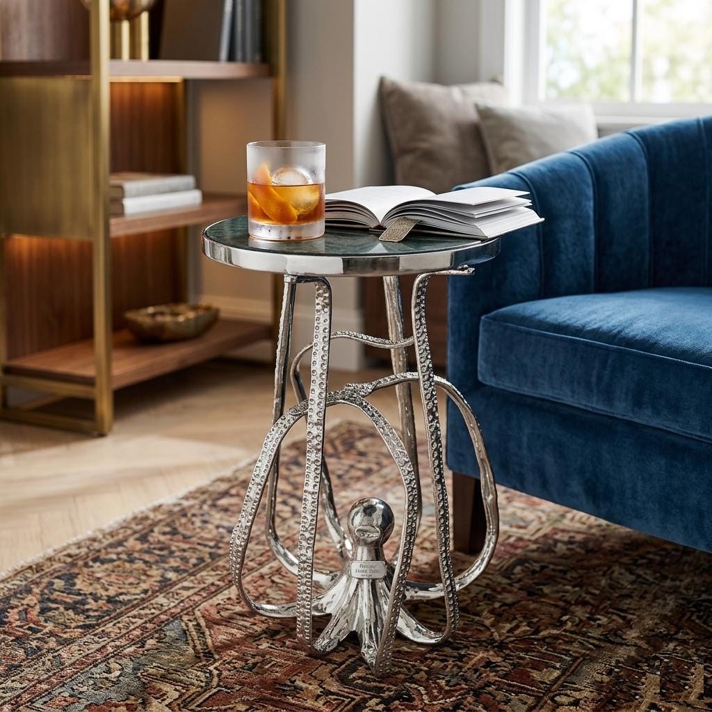 Octopus Drink Table – Granite Marble Top, Coastal Accent Side Table, Nautical Decor