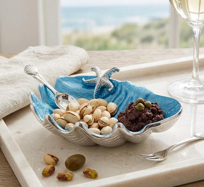 Blue Enamel Clam Shell Bowl, Coastal Starfish Centerpiece, Handcrafted Ocean Decor