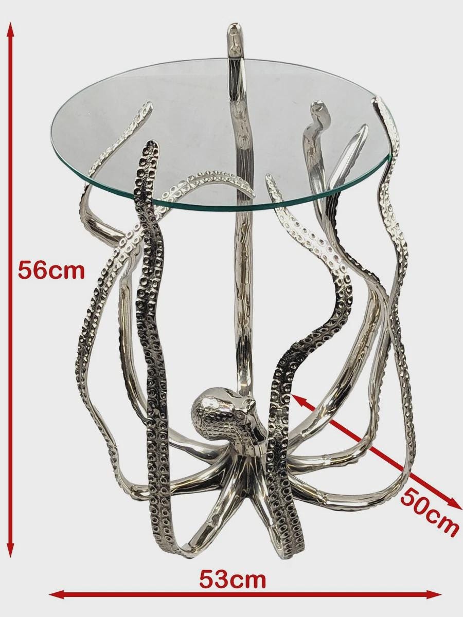 Handcrafted Aluminum Octopus Side Table with Glass Top – Nautical Coastal Decor