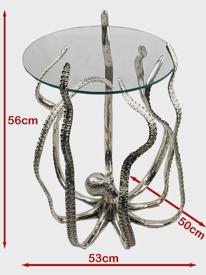 Handcrafted Aluminum Octopus Side Table with Glass Top – Nautical Coastal Decor