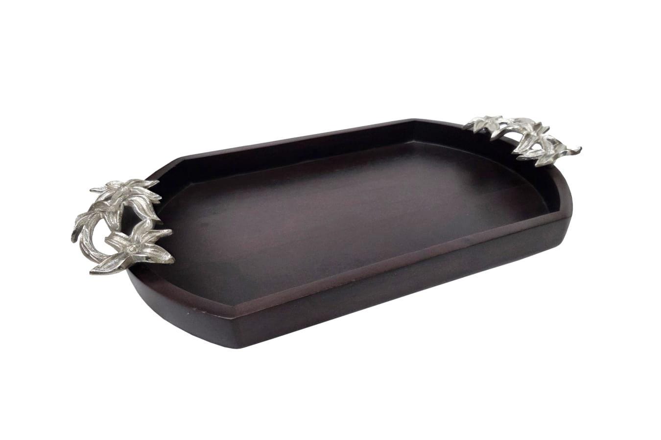 Wooden Serving Tray with Silver Flower Handles, Rustic Farmhouse Platter