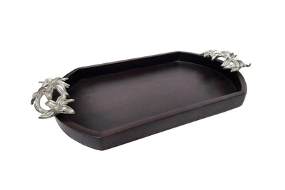 Wooden Serving Tray with Silver Flower Handles, Rustic Farmhouse Platter