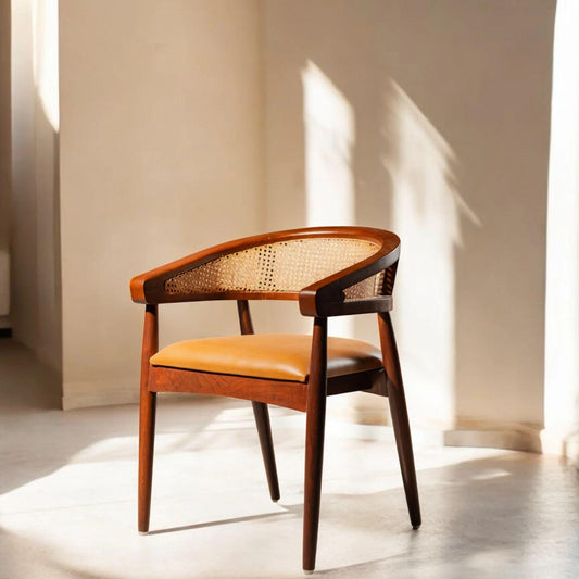 Acacia Wood Cane Back Accent Chair, Mid Century Modern Lounge Armchair