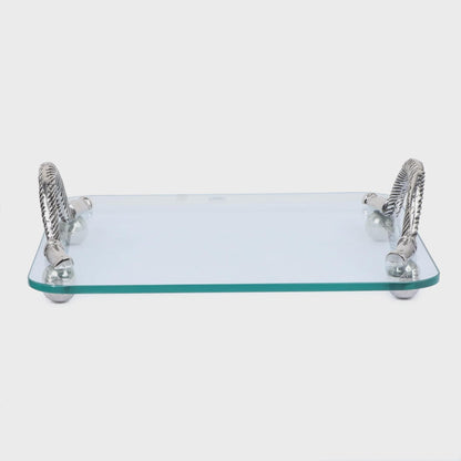 Glass Cheese Tray with Silver Aluminum Handles & Knife Set | Charcuterie Serving Platter