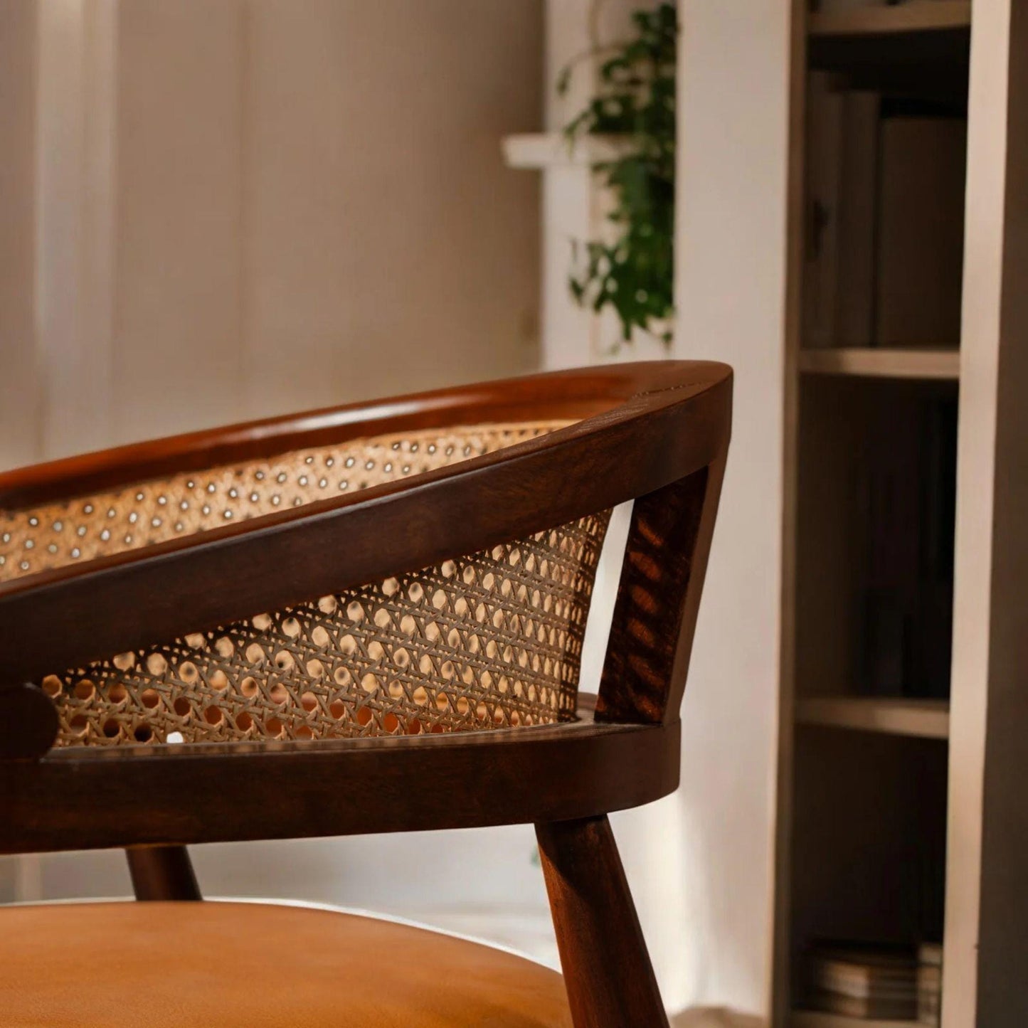 Acacia Wood Cane Back Accent Chair, Mid Century Modern Lounge Armchair