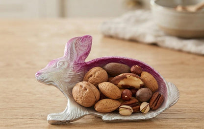 Pink Enamel Rabbit Candy Dish, Handcrafted Aluminum Easter Tray, Spring Table Decor