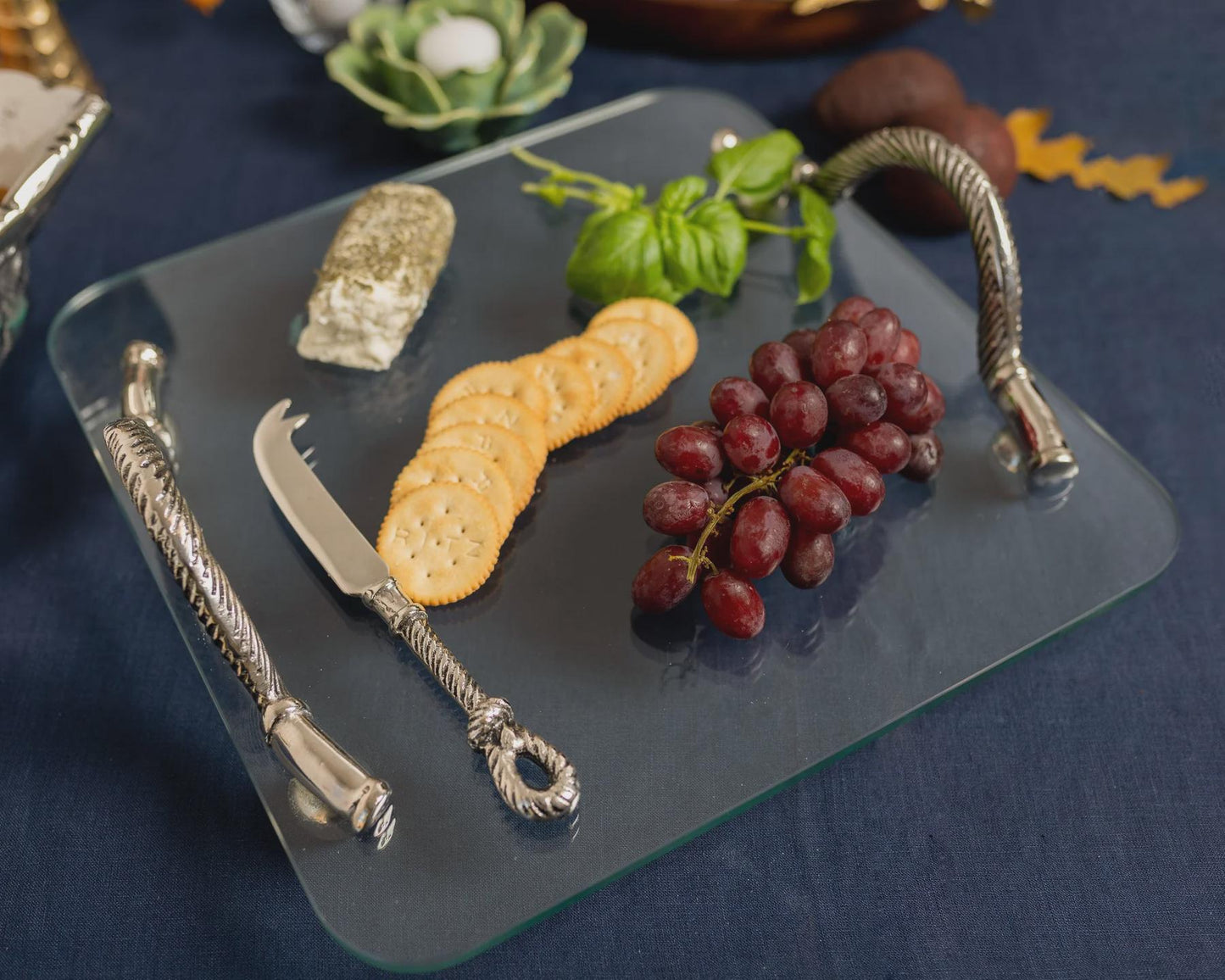 Glass Cheese Tray with Silver Aluminum Handles & Knife Set | Charcuterie Serving Platter