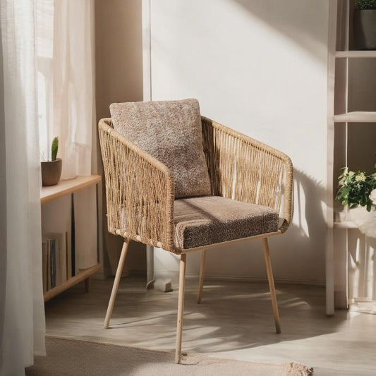 Handwoven Jute Rope Lounge Chair, Boho Upholstered Accent Armchair, Rustic Furniture