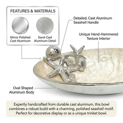 Seashell Aluminum Bowl, Pearl Enamel Coastal Centerpiece, Handcrafted Nautical Decor Tray