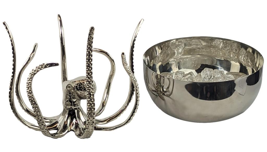 Octopus Ice Bowl – Aluminum Coastal Bottle Holder, Nautical Decor