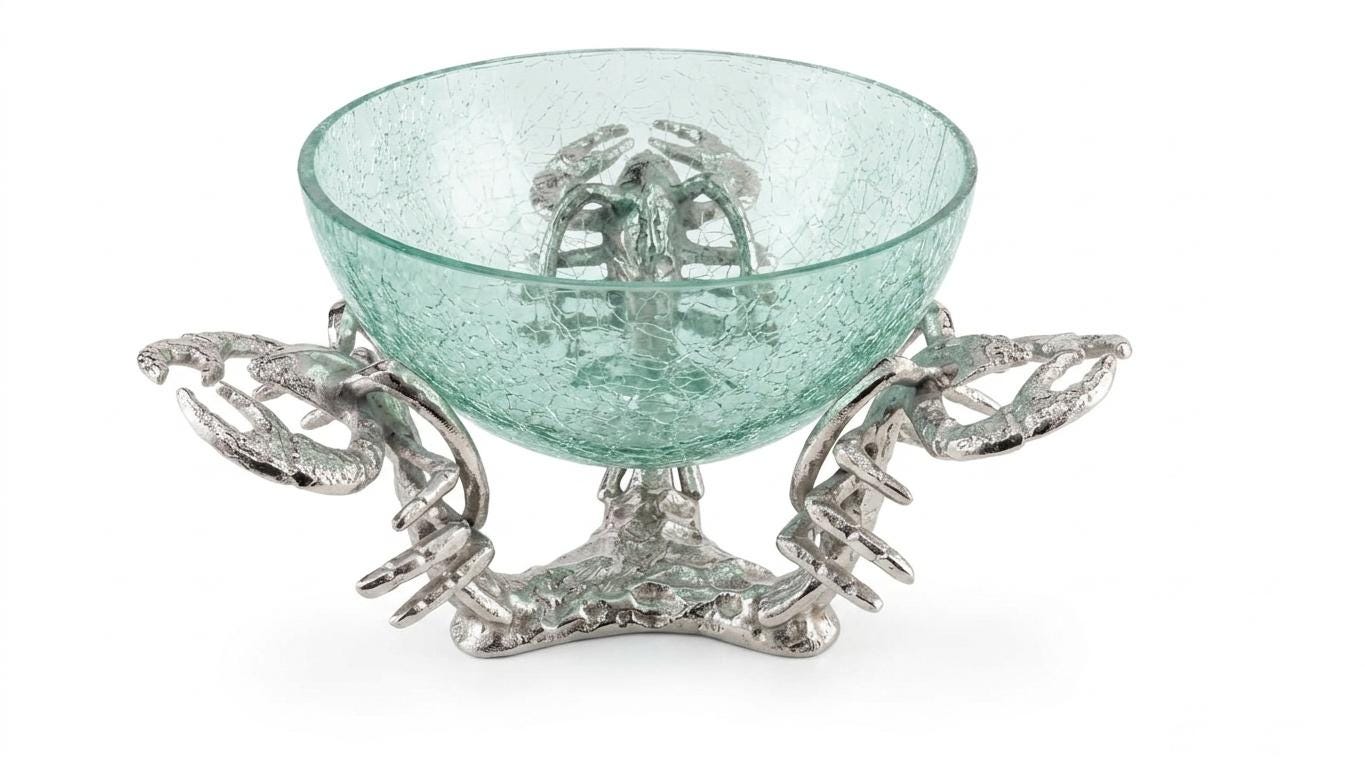 Lobster Trio Pot Stand with Glass Bowl | Coastal Seafood Serving Dish