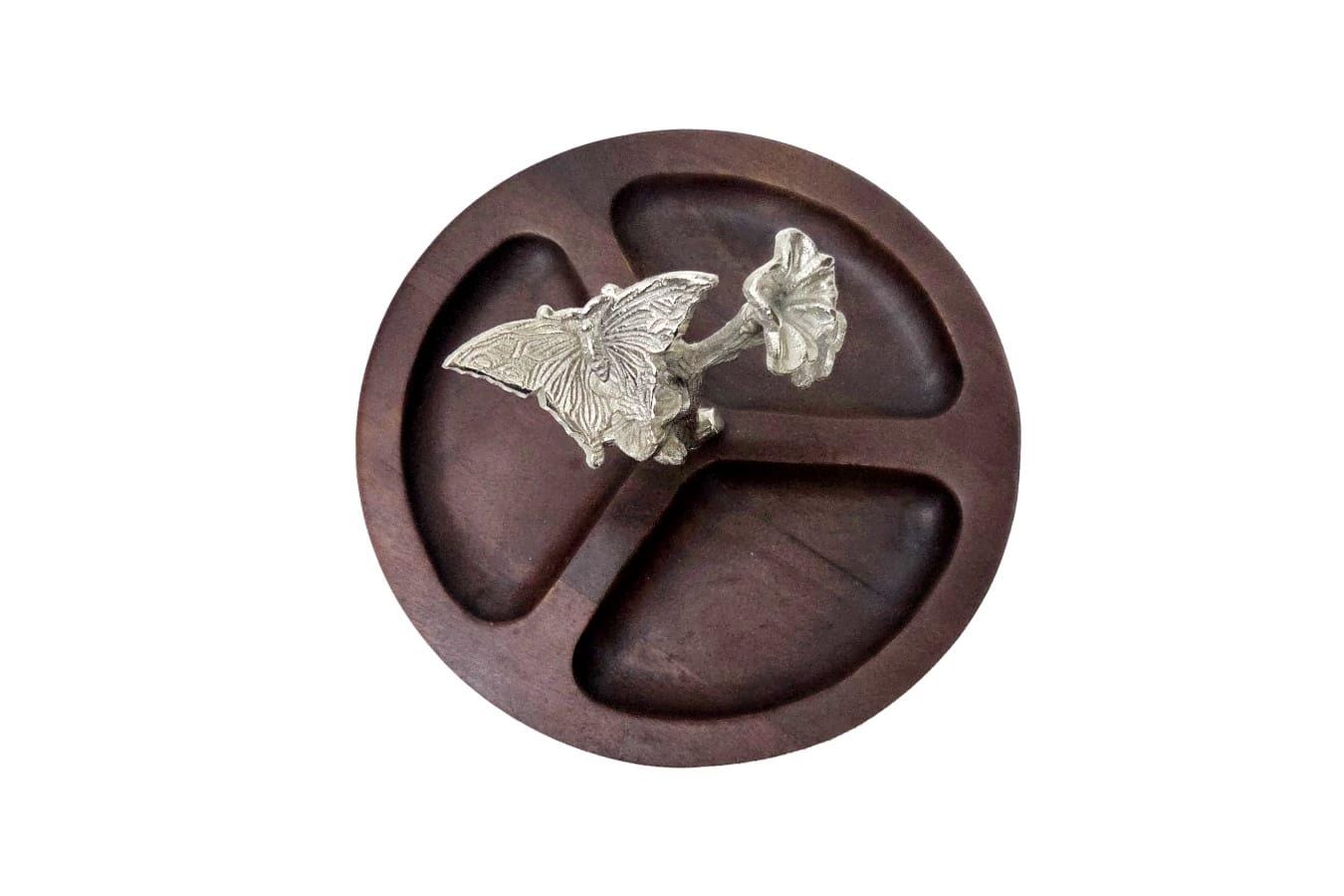 Dark Wood Divided Serving Dish, Silver Butterfly Accent, Botanical Kitchen Decor