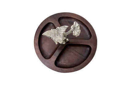 Dark Wood Divided Serving Dish, Silver Butterfly Accent, Botanical Kitchen Decor