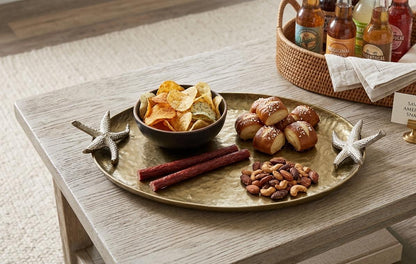 Antique Brass Oval Serving Tray | Starfish Handles, Coastal Decor