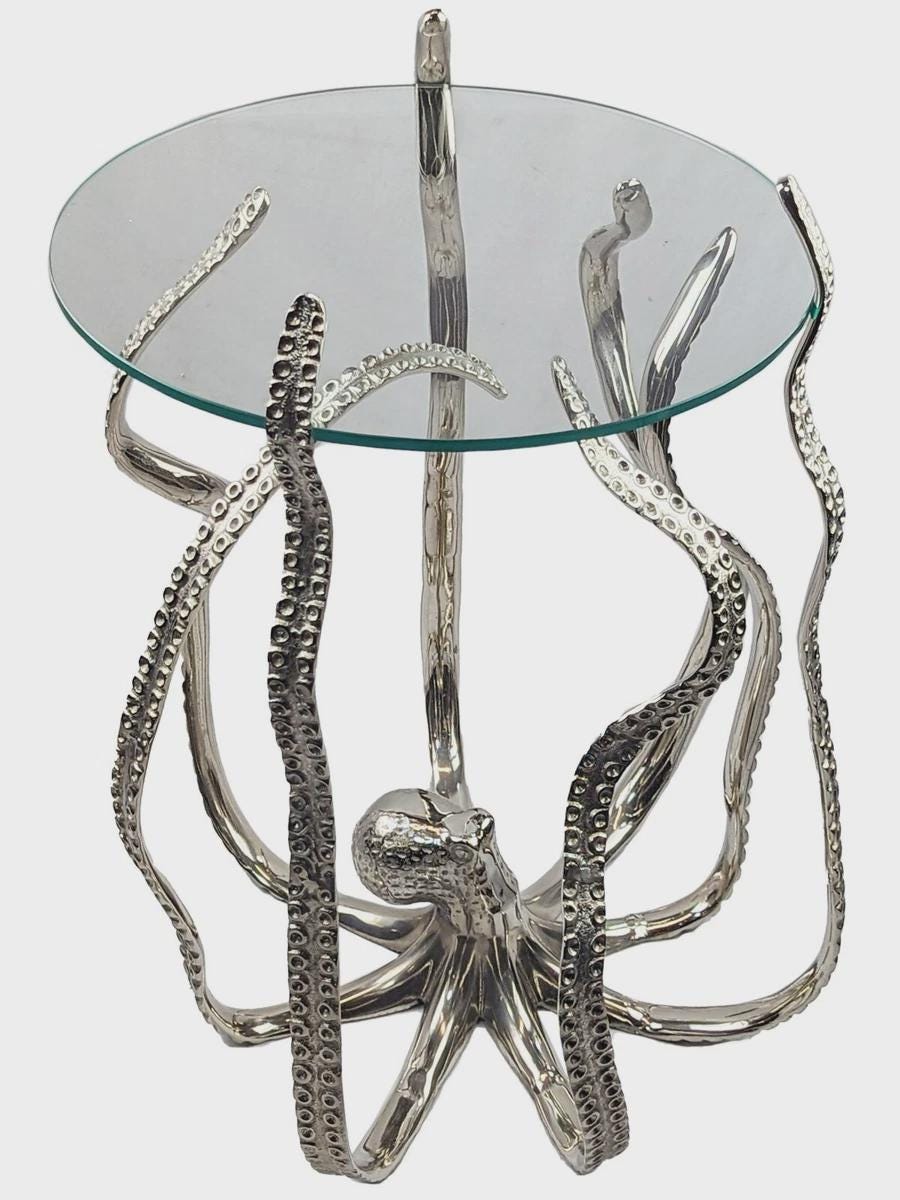 Handcrafted Aluminum Octopus Side Table with Glass Top – Nautical Coastal Decor