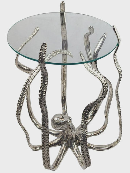 Handcrafted Aluminum Octopus Side Table with Glass Top – Nautical Coastal Decor