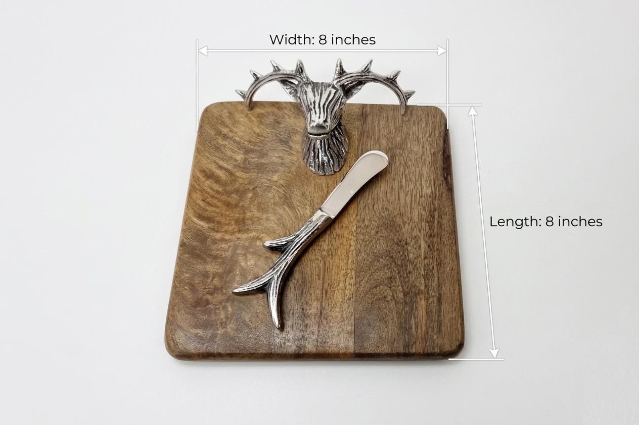 Stag Head Mango Wood Cheese Board Set with Antler Knife, Rustic Lodge Charcuterie Platter