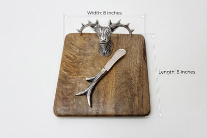 Stag Head Mango Wood Cheese Board Set with Antler Knife, Rustic Lodge Charcuterie Platter