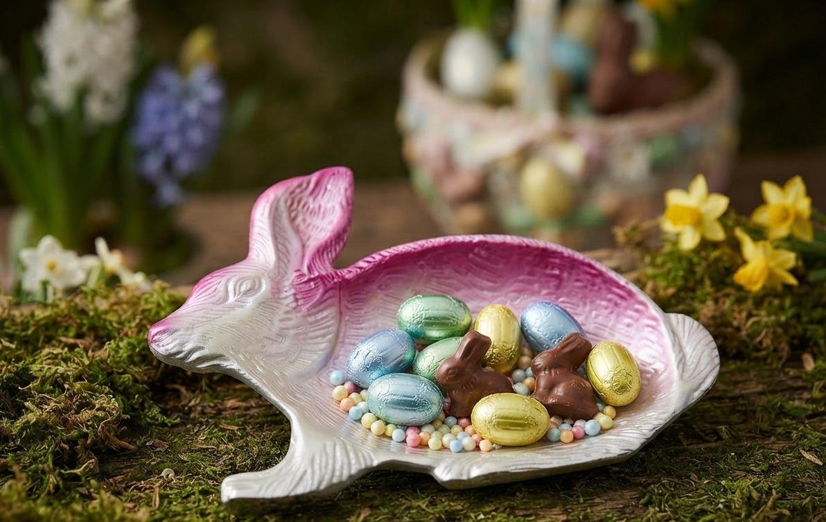 Pink Enamel Rabbit Candy Dish, Handcrafted Aluminum Easter Tray, Spring Table Decor
