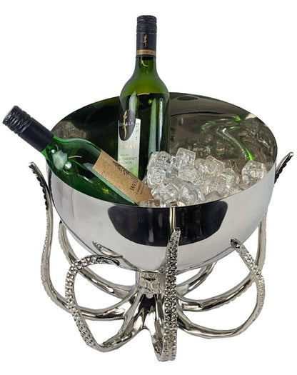 Octopus Ice Bowl – Aluminum Coastal Bottle Holder, Nautical Decor