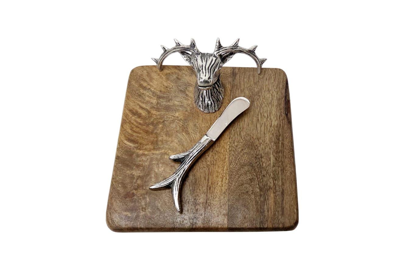 Stag Head Mango Wood Cheese Board Set with Antler Knife, Rustic Lodge Charcuterie Platter