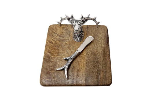 Stag Head Mango Wood Cheese Board Set with Antler Knife, Rustic Lodge Charcuterie Platter