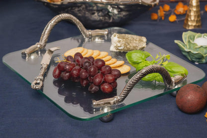 Glass Cheese Tray with Silver Aluminum Handles & Knife Set | Charcuterie Serving Platter