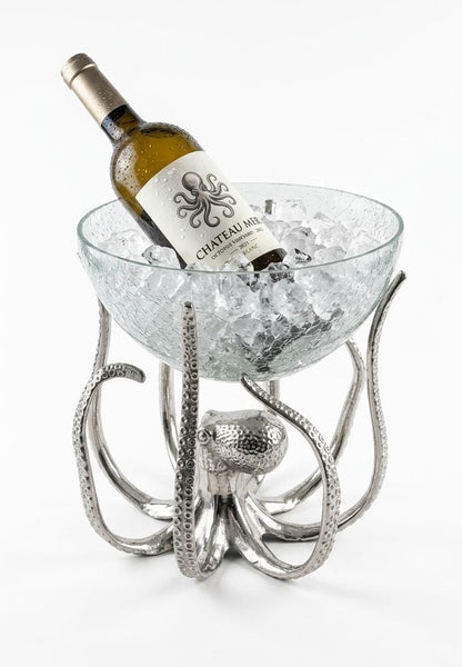 Octopus Glass Wine Bottle Holder, Nautical Chiller Bowl, Coastal Bar Decor