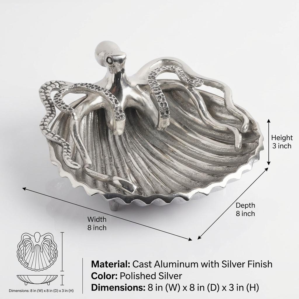 Nickel Plated Aluminum Octopus Dish | Nautical Coastal Decor