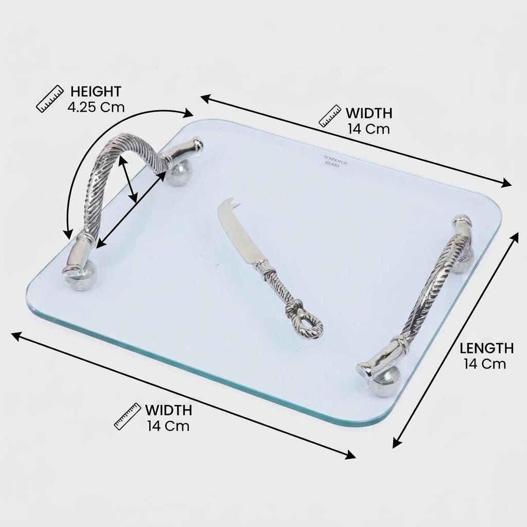 Glass Cheese Tray with Silver Aluminum Handles & Knife Set | Charcuterie Serving Platter