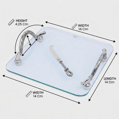 Glass Cheese Tray with Silver Aluminum Handles & Knife Set | Charcuterie Serving Platter