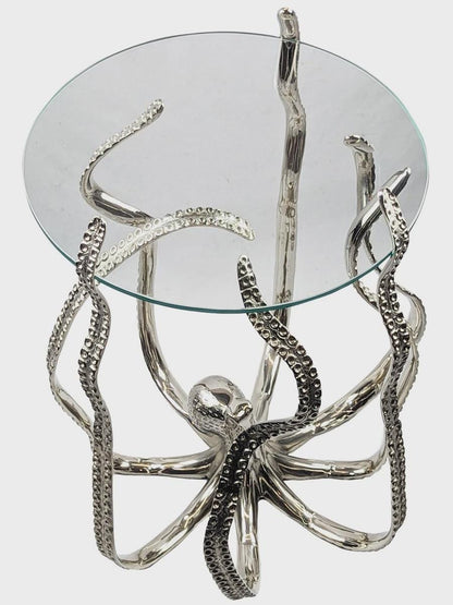 Handcrafted Aluminum Octopus Side Table with Glass Top – Nautical Coastal Decor