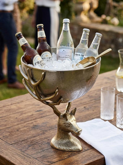 Antique Brass Aluminum Deer Stand Bowl, Wine Chiller Centerpiece