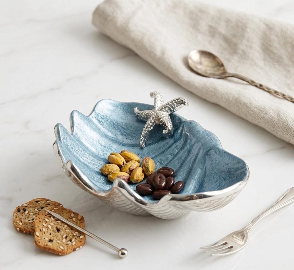 Blue Enamel Clam Shell Bowl, Coastal Starfish Centerpiece, Handcrafted Ocean Decor